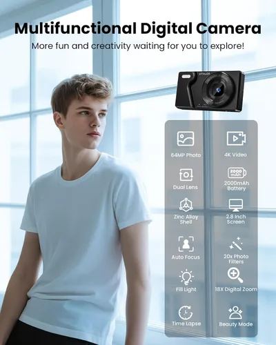 Miniatura 3 de Cámara Digital con Lente Frontal y Trasera, Cámara de Enfoque Automático de 64MP 4K para Fotografía con Tarjeta de 32GB, Cámara Compacta Portátil
