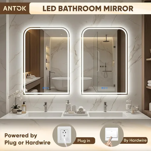 Miniatura 2 de Antok Espejo LED de baño, espejo LED con luces para baño, espejos de tocador iluminados para pared, antivaho, regulable, vidrio templado, función
