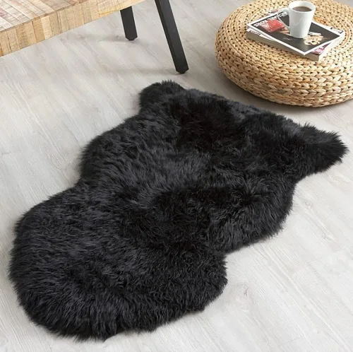 Miniatura 6 de HUAHOO Alfombra de piel de oveja genuina prémium Negra Real de Australia Piel de oveja natural de lujo, alfombra esponjosa de lana de cordero