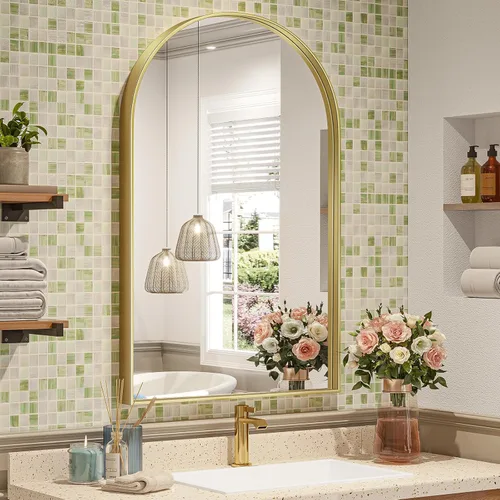 Miniatura 23 de Brightify - Espejo arqueado dorado de 24 x 32 pulgadas, espejo de pared con marco de metal de latón para baño, espejo arqueado superior para tocador