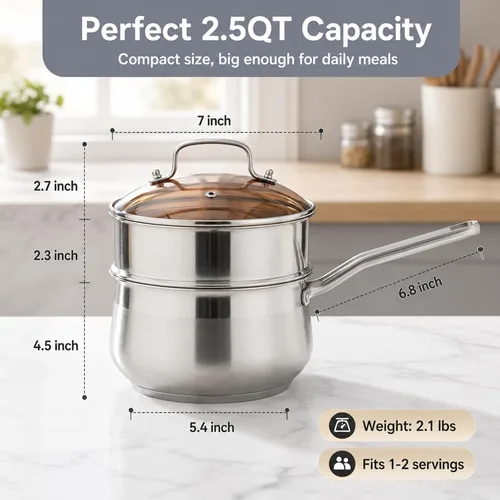 Miniatura 8 de Cacerola de acero inoxidable de 2.5 cuartos de galón con cesta de vapor y tapa de vidrio, olla de sopa pequeña de grado alimenticio de 18/8