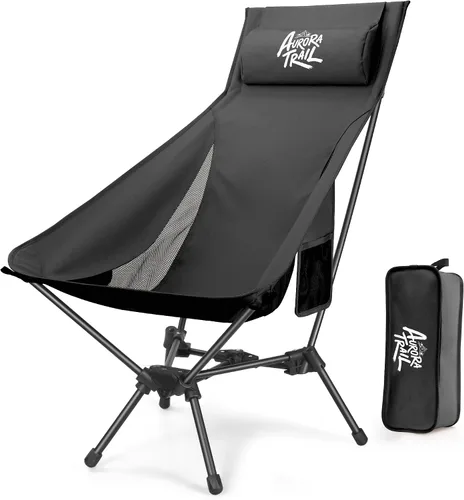 AuroraTrail - Silla de camping plegable con respaldo alto con almohada, silla ligera y portátil para exteriores con portavasos y bolsa de