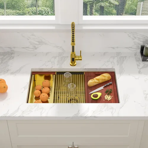 Miniatura 2 de Sarlai Fregadero de cocina empotrado de 30 pulgadas dorado - Fregadero de cocina de 76,2 cm x 45,7 cm con repisa para estación de trabajo de acero