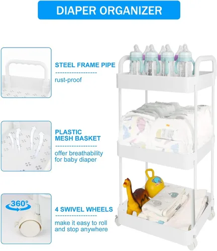 Miniatura 3 de Volnamal Organizador de pañales para bebé, organizador de pañales de plástico para artículos esenciales de guardería, carrito móvil para cambiador