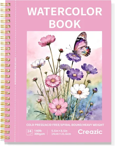 Creazic Bloc de papel de acuarela, 5.5 x 8.5 pulgadas, 140 libras/10.58 oz, cuaderno de bocetos de acuarela de prensa en frío, 24 hojas
