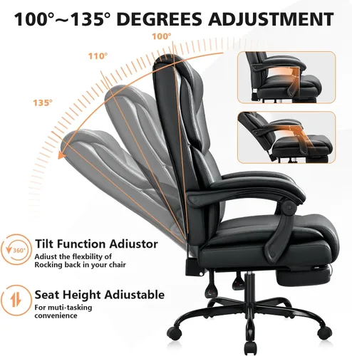 Miniatura 7 de WAILOR Silla de Oficina de 400 libras con Reposapiés, Silla de Oficina Reclinable Grande y Alta con Soporte Lumbar y Cojín de Resorte, Silla de Negro