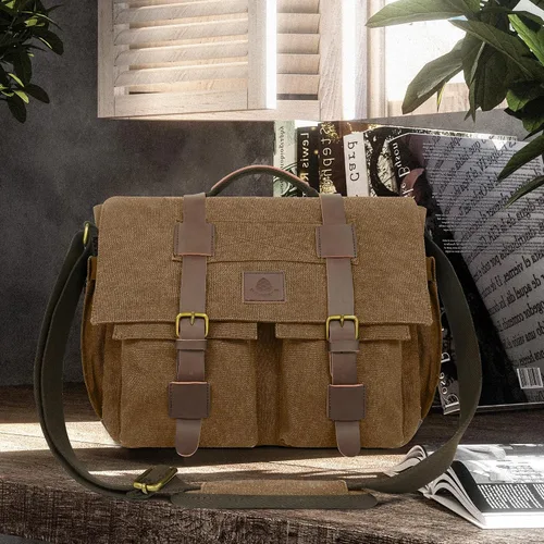 Miniatura 3 de Bolsa tipo mensajero para hombre, bolsa para laptop de 15.6 pulgadas, bolsa vintage de lona encerada, resistente al agua, maletín de cuero