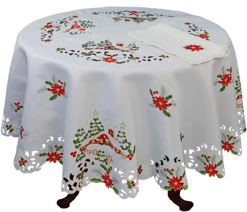 Miniatura 8 de Creative Linens Juego de 4 manteles individuales bordados de Navidad de 11 x 17 pulgadas, diseño de flor de pascua roja con árbol de Navidad