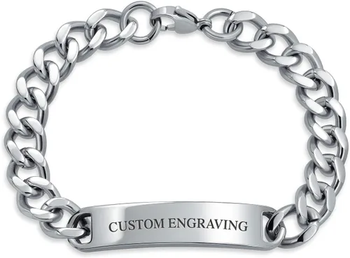Bling Jewelry Cadena de eslabones cubanos chapada en nombre de identificación para hombre, nombre personalizado, grabado en tono plateado, acero