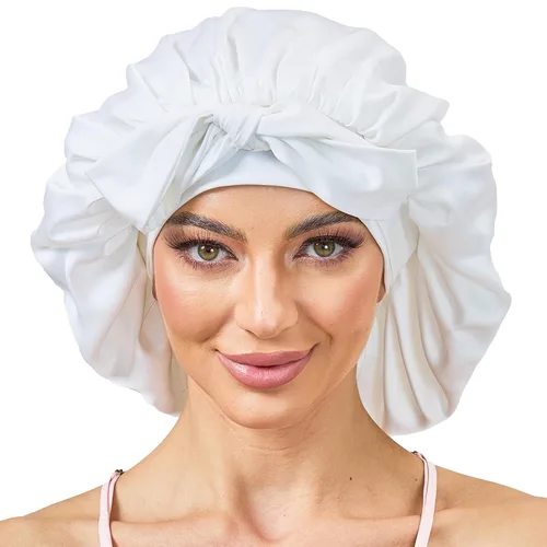 Miniatura 17 de Gorro de satén de seda con banda de amarre para dormir, para mujeres de cabello rizado: gorro de noche para cabello liso, ondulado, ensortijado, Rosa