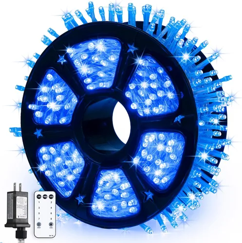 Miniatura 15 de JMEXSUSS 150 luces LED azules de Navidad para interiores y exteriores, luces de cadena conectables de 59 pies con enchufe, 8 modos de luces de hadas