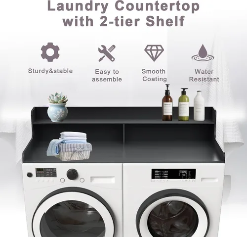 Miniatura 3 de Estante de encimera de 2 niveles para lavadora y secadora, decoración de lavandería blanca con almohadillas antideslizantes, almacenamiento