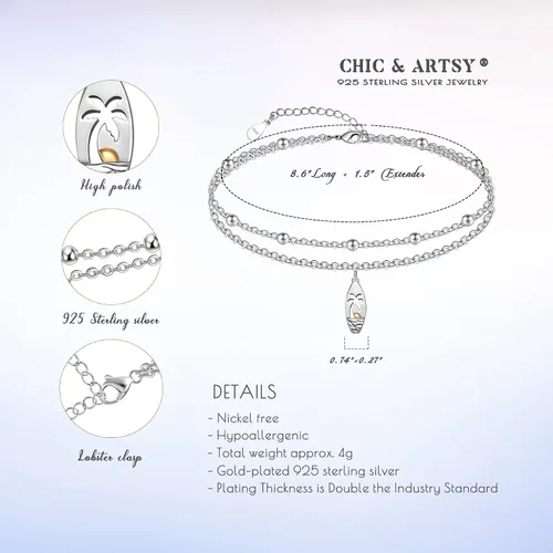 Miniatura 146 de CHIC & ARTSY Tobilleras delicadas de plata de ley S925 para verano, pulsera de tobillo ajustable multicapa para playa, joyería de pie para mujer