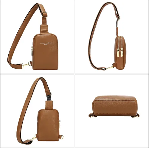 Miniatura 5 de Cangureras cruzadas para mujer, bolso bandolera de piel sintética, bolso pequeño para viajes (marrón fucsia), Estilo-marrón1-1, Bolso bandolera