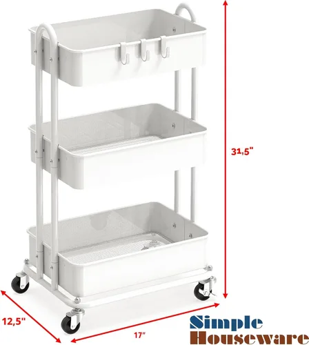 Miniatura 2 de Simple Houseware Carro de metal resistente de 3 niveles, multiusos, color Blanco