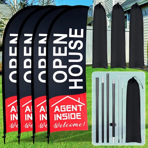Miniatura 12 de Buryeah Paquete de 4 Banderas de Casa Abierta para Agentes de Bienes Raíces 7x5.4 Pies Letrero de Bandera Tipo Pluma con Asta de Bandera Estaca