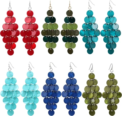 Miniatura 9 de Aretes colgantes en capas con cuentas de disco hechos a mano, multicolor, naranja, rojo, azul, para mujer
