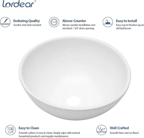 Miniatura 5 de Lordear 13x13 Fregadero Pequeño Redondo de Baño Moderno en Blanco, Fregadero de Cerámica de Porcelana Blanca sobre Encimera, Fregadero de Arte