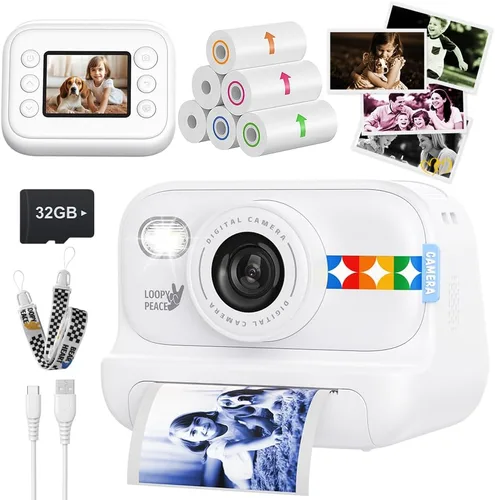 Cámara de impresión instantánea en color para niños – Cámara para niños con 5 hojas de papel fotográfico de color, 48MP y video 1080P, 21 marcos