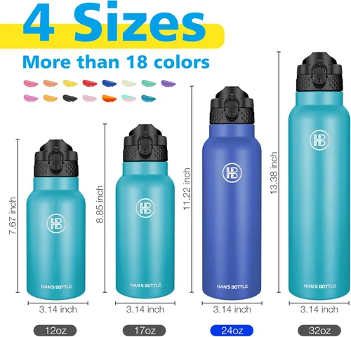 Miniatura 2 de Han's Bottle Botella de agua deportiva de 24 onzas, tapa con pajilla, a prueba de fugas, acero inoxidable aislado al vacío, doble pared, taza Azul