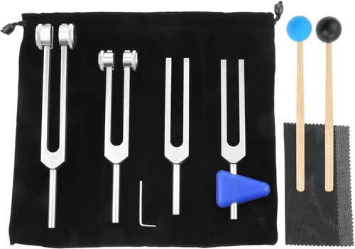 Miniatura 8 de Juego de diapasones 128Hz, 256Hz, 512Hz, instrumentos de sonido, diapasones Chakra con martillo, bolsa de almacenamiento y paño de limpieza, dorado
