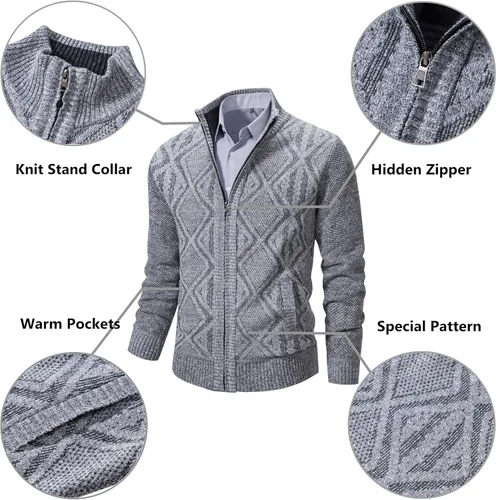 Miniatura 61 de VtuAOL Suéteres tipo cárdigan para hombre, con cremallera completa, cuello alto, cárdigan de punto casual con bolsillos