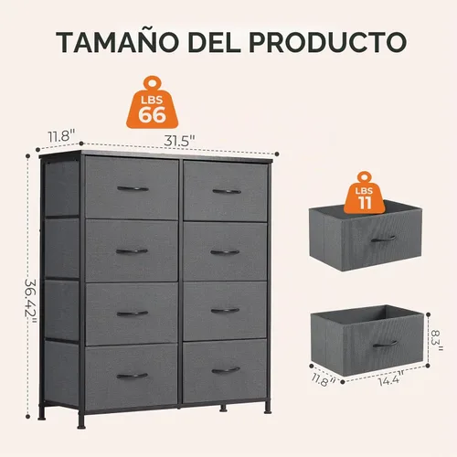 Miniatura 3 de Sweetcrispy Cómoda para dormitorio, cómoda de tela con 8 cajones, cómoda para armario, sala de estar, marco de acero resistente, parte superior