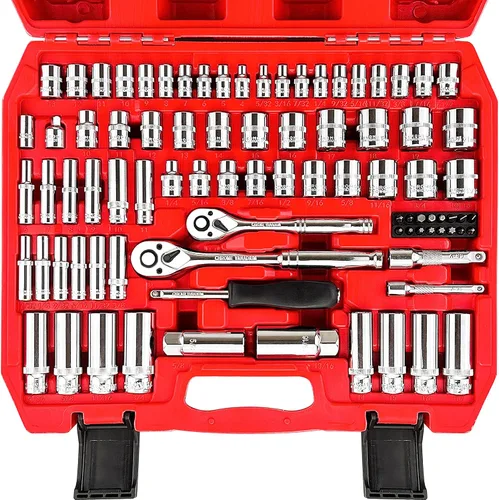 WETT Juego de llaves de 1/4" y 3/8", juego de enchufes de 86 piezas con trinquete de liberación rápida, barra de extensión, adaptador, bits de 1/4",