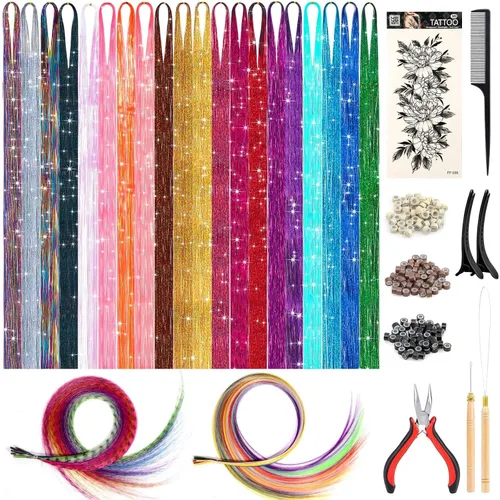 Kit de oropel para el cabello de 20 colores con plumas y extensiones de cabello coloridas, 122 cm de hilos de oropel de hadas con purpurina con