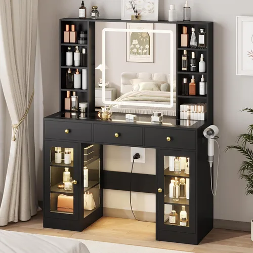 Miniatura 11 de HUANLEGO Tocador Negro con Espejo y Luces, Tocador con Superficie de Cristal con Espejo Iluminado y Gabinete de Vidrio RGB y 3 Cajones, Tocador