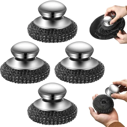 Miniatura 8 de Paquete de 2 fregadores de acero inoxidable, 2025 nuevo limpiador de platos de lana de acero con asa para limpiar platos, ollas de hierro, estufas
