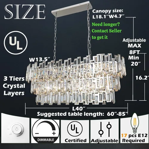 Miniatura 4 de Candelabros modernos para comedor, lámpara de araña rectangular cromada, lámpara colgante de cristal, colgante rectangular lineal cromado