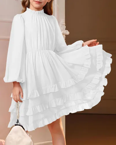 Miniatura 2 de MITILLY Elegante vestido de manga larga con cuello redondo y volantes para niñas de 6 a 12 años