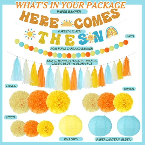 Miniatura 2 de TaoBary Banner de ducha con temática de «Here Comes The Sun» «Here Comes The Son» para baby shower, con pompones de seda, farol de papel, bohemio