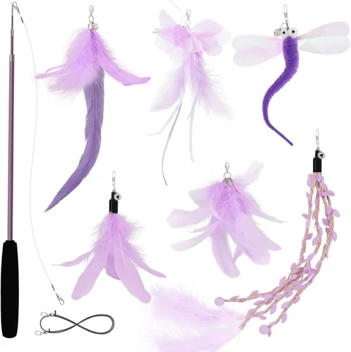 Miniatura 8 de SONGWAY Juguetes de varita para gatos de interior, juego de juguetes para gatos con varita retráctil y 6 recambios de juguetes de plumas, juguetes