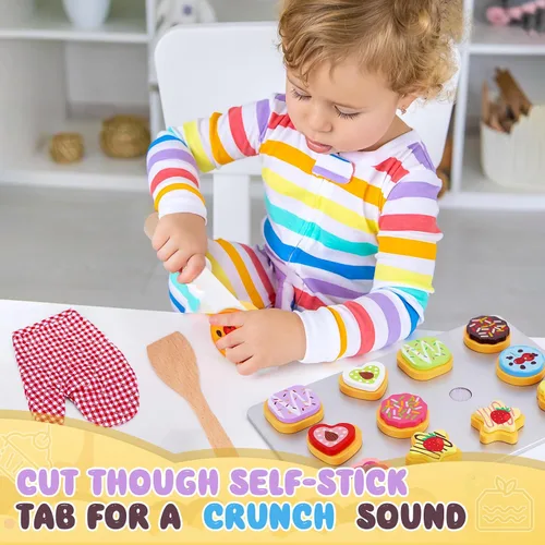 Miniatura 3 de Juego de alimentos de madera para hornear y cortar galletas para niños - Juego de cocina - Accesorios de juguete para galletas y bandeja