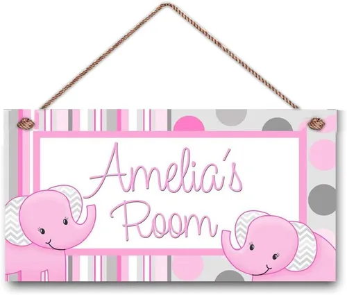 JZDKJN Personalize Name Decoración de la pared del hogar Colgante de elefante bebé rosa dormitorio niño niña habitación creativa pared colgante