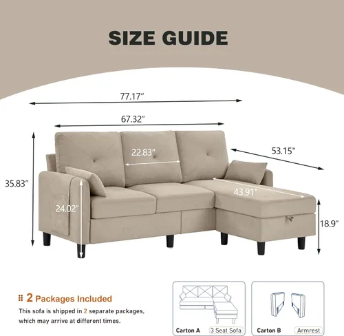 Miniatura 2 de Sofás Seccionales Convertibles de 77", Sofá en Forma de L de 3 Asientos con Chaise de Almacenamiento y Almohadas Removibles, Sofá Pequeño de Tela