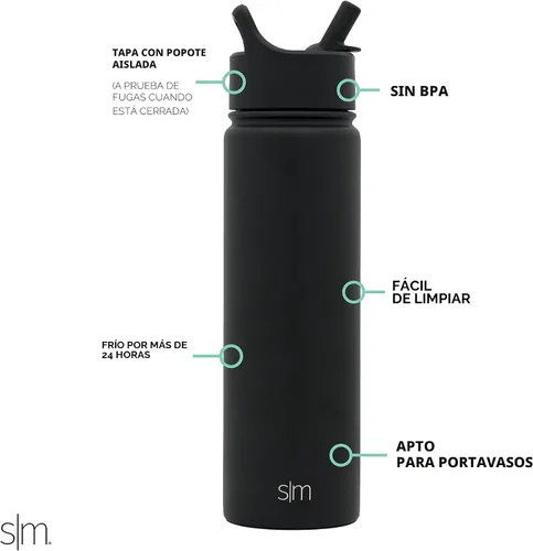 Miniatura 2 de Simple Modern botella de agua con tapa con pajita, termo de acero inoxidable con aislamiento al vacío, taza de metal reutilizable, sin BPA, a prueba