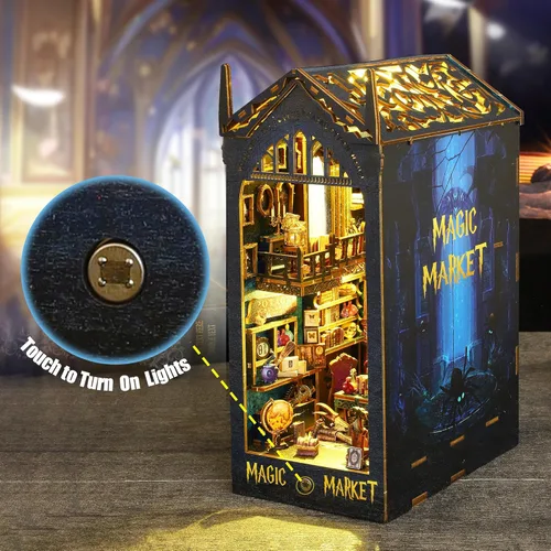 Miniatura 3 de Kit de rincón de libro, inserción de estantería, modelo de madera en miniatura con sensor de luz LED, tema de mercado mágico, diorama 3D