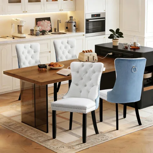 Miniatura 55 de Juego de 4 sillas de comedor de terciopelo, sillas de comedor tapizadas con ribete de cabeza de clavo y patas de madera maciza para cocina