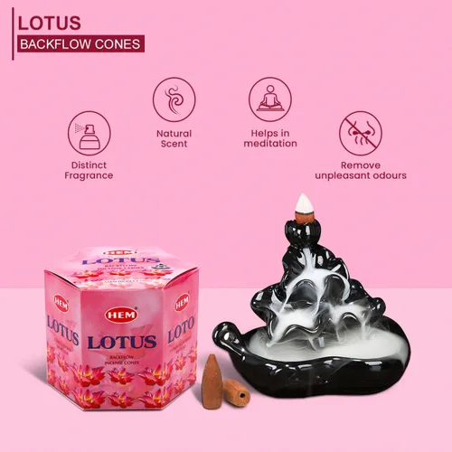Miniatura 6 de HEM Lotus Backflow - Conos de incienso marrón Aroma de larga duración para positividad y aire puro Hierbas puras, polvo de madera Aromaterapia