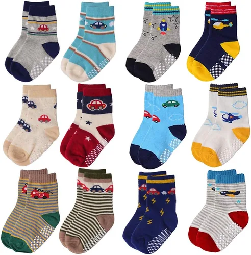 Miniatura 21 de Tphon Calcetines para niños pequeños con empuñaduras, 12 pares de calcetines antideslizantes de algodón para niños y niñas de 1 a 7 años