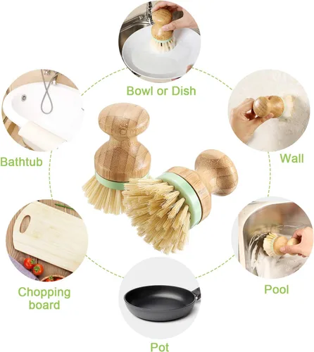 Miniatura 7 de 4 cepillos de bambú para fregar platos con soportes, de madera, de bambú, redondos, cerdas rígidas, cepillos para lavar platos, ollas, sartenes