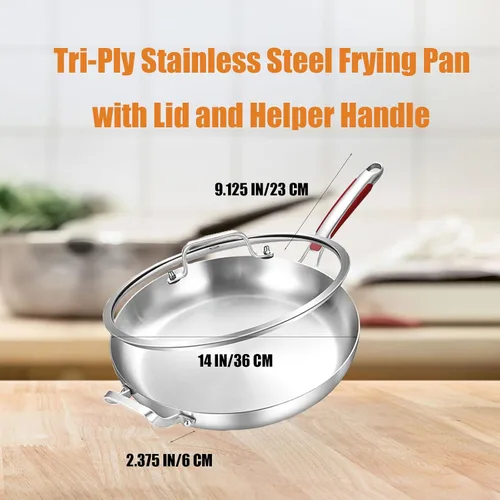 Miniatura 7 de Inqibee Sartén grande de acero inoxidable de tres capas de 14 pulgadas con tapa, sartén grande con mango auxiliar, cocina jumbo, bandeja