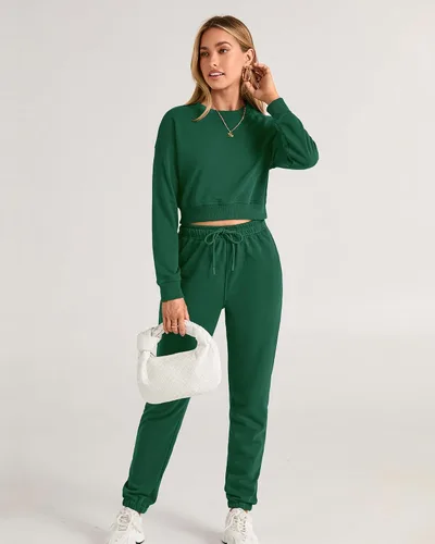 Miniatura 35 de BTFBM Conjunto deportivo de 2 piezas para mujer, camiseta corta de manga larga, sin botones, pantalón con cordón ajustable, pantalones deportivos