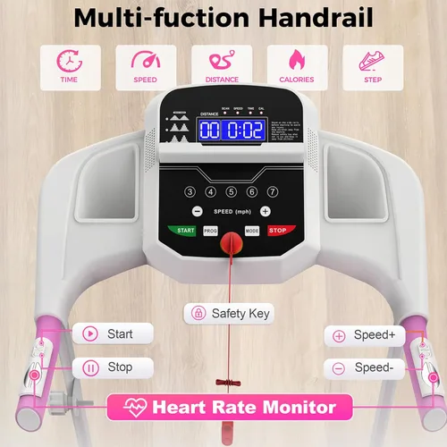 Miniatura 2 de Lastforever Caminadora plegable para uso doméstico, motor silencioso de 2.5 HP, 0.5 a 7.5 MPH con 8% de inclinación manual, cinta de correr Rosa