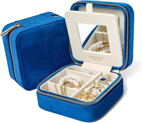 Miniatura 37 de BLUTETE Joyero de viaje organizador de terciopelo con anillos de espejo, aretes, collares, caja organizadora de almacenamiento (negro)