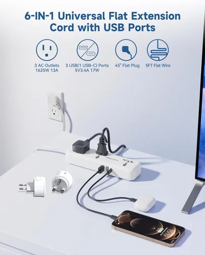 Miniatura 4 de Kit de adaptador de enchufe de viaje europeo con puertos USB, cable de extensión universal de 5 pies, de EE.UU. a europeo, adaptador de enchufe