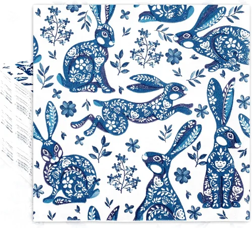JarThenaAMCS Paquete de 80 servilletas de papel de Pascua Chinoiserie conejito desechables azul y blanco conejo decorativo para cena de Pascua,